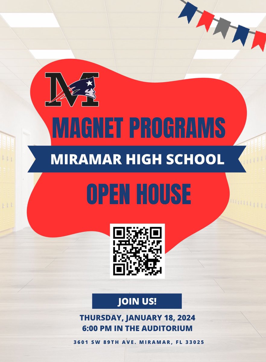 Calling all 8th grade Cavalier families. Miramar high school is having their magnet program open house on Thursday, January 18, 2024 at 6 PM. Please join them and learn all about their wonderful programs. Scan the QR code in the attached flyer.
