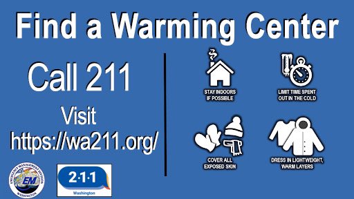 waEMD's tweet photo. It’s about to get cold just about all over the state -- some places more frigid than others. Don't hesitate to call 211 or visit @washington_211 online at https://t.co/95TNCPKAZ9 to find a warming center near you. #wawx https://t.co/5HiPdDRHIK