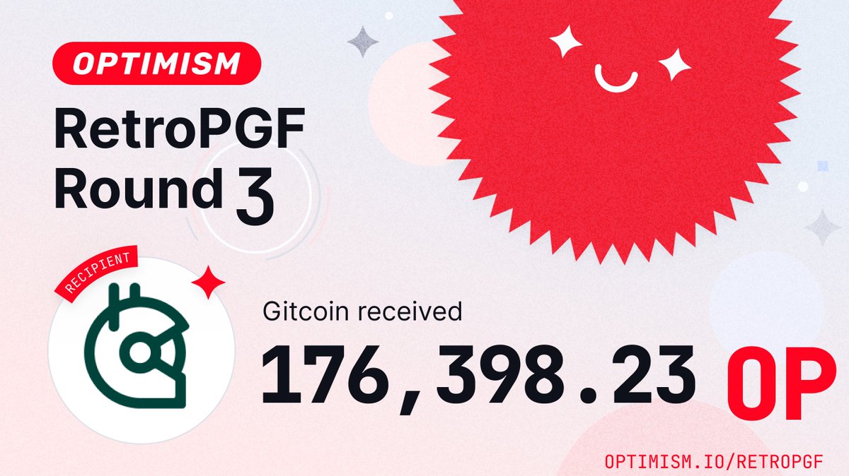 gitcoin's tweet image. Congratulations to all the projects in @Optimism&apos;s #RPGF3! 🔴

We are extremely grateful for the funds Gitcoin received in this round! 💚 Thank you for the partnership and commitment to sustaining digital public goods 🫡