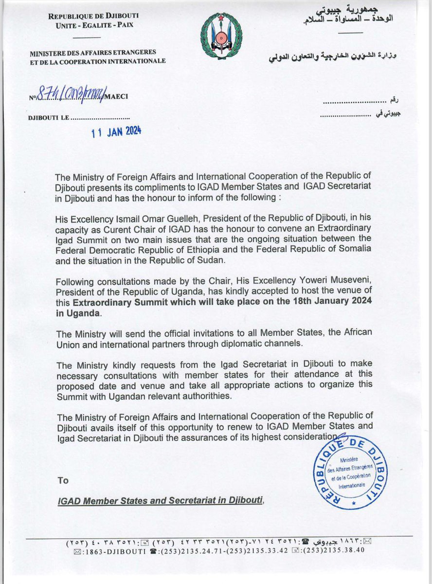 HarunMaruf's tweet photo. BREAKING: The President of Djibouti @IsmailOguelleh and current chair of IGAD has called for an extraordinary Sunmit for the bloc’s heads of states on January 18 to discuss deteriorating diplomatic relations between Ethiopia and Somalia; and the situation in Sudan. The president of Uganda @KagutaMuseveni will host the Summit.