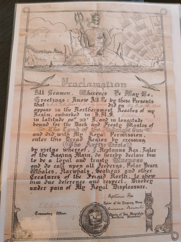 @James1940 @WeHaveWaysPod @almurray @RoyalNavy @RoyalCanNavy This is my grandfather's Order of the Blue Nose. You got one when you crossed the Arctic circle. He was on HMS Diadem.