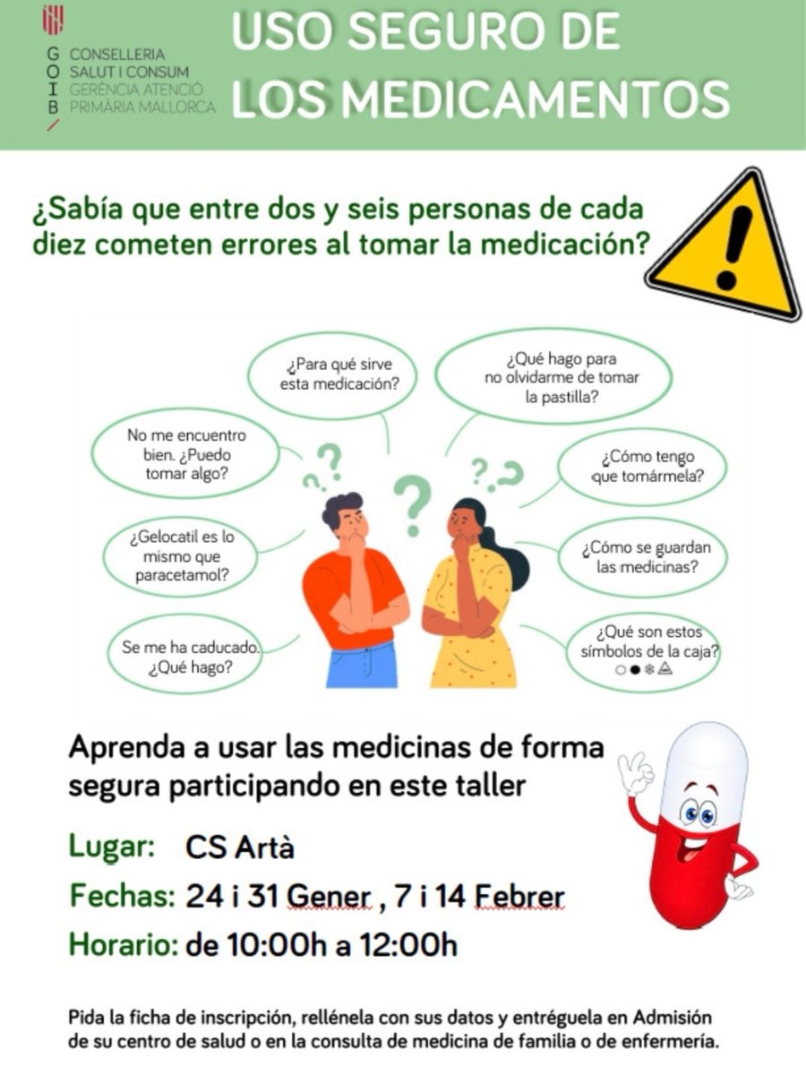 CNuredunna's tweet photo. Sabeu tot el que heu de saber de la medicació que preneu?🤔 Tens dubtes😅? Vine al nostre taller d´ús segur dels medicaments. Demana informació al centre de salut!
#primariadeprimera
@IBConsum @apmallorca @capalasalut @AlternativaArta @humanizacionIB @infosalut @RadioArta107_9 https://t.co/ue1GHBWnIO