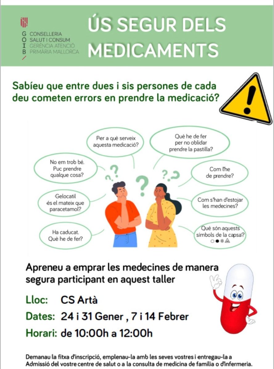 CNuredunna's tweet photo. Sabeu tot el que heu de saber de la medicació que preneu?🤔 Tens dubtes😅? Vine al nostre taller d´ús segur dels medicaments. Demana informació al centre de salut!
#primariadeprimera
@IBConsum @apmallorca @capalasalut @AlternativaArta @humanizacionIB @infosalut @RadioArta107_9 https://t.co/ue1GHBWnIO
