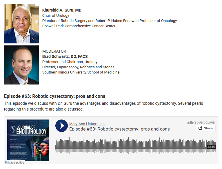 In the latest episode of Endourology Sound Bites, Dr. @KhurshidGuru @RoswellUrology breaks down the pros and cons of robotic cystectomy with host Dr. Brad Schwartz. Tune in for pearls of wisdom about performing this procedure. @SocietySURS 🔊 Listen now: home.liebertpub.com/lpages/richard…