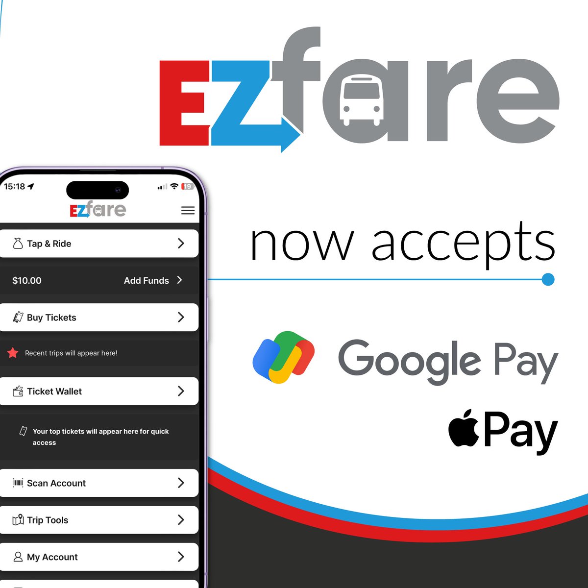 EzFare's tweet photo. Purchasing fares or adding funds to your EZFare  account just got easier than ever. Apple Pay &amp; Google Pay are now available within the app! 🎉 https://t.co/nkmVwY4tYf