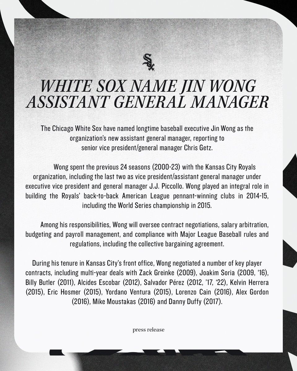 whitesox's tweet photo. The #WhiteSox have named longtime baseball executive Jin Wong as the organization’s new assistant general manager, reporting to senior vice president/general manager Chris Getz. https://t.co/GcoCXNz1c8