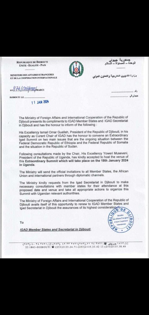 a_ileeye's tweet photo. Pres. Ismail Omer, as IGAD Chairman has convened an Extraordinary IGAD summit that will be held in Uganda on January 18, 2024. The MoU recently announced by Abiy and Muse will be critically discussed. https://t.co/JFHlhWB7Oc