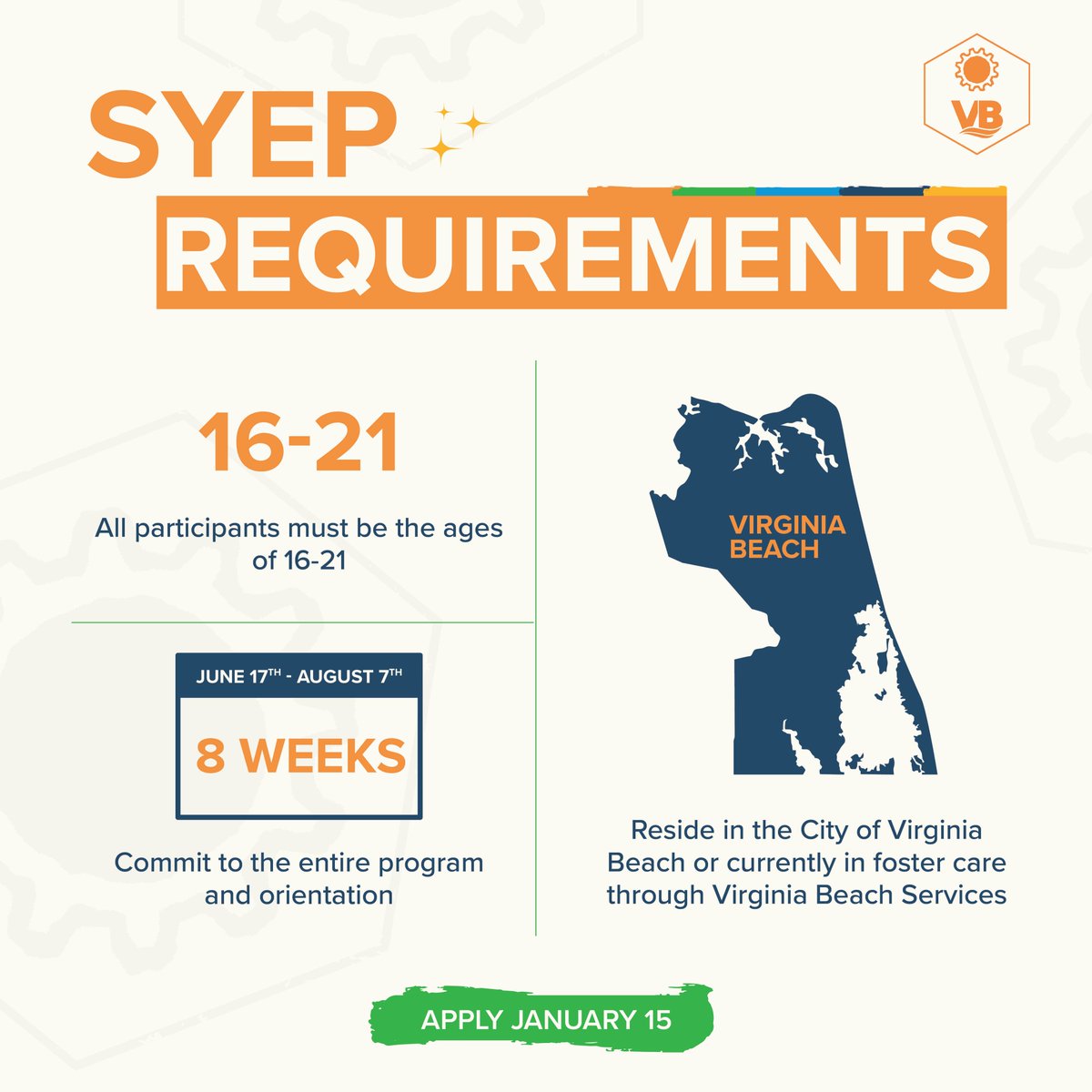 Do you meet the requirements? Learn more on our webpage (link in bio or at virginiabeach.gov/syep)! #vbsyep #vbsyep2024 #virginiabeach #summerjob #youthemployment