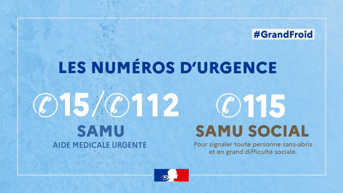 ⚠️🔵#GrandFroid 
Si vous êtes dans une situation difficile, si vous remarquez une personne en difficulté dans la rue, contactez le 115. 
En cas d'urgence vitale : composez le 15 ou le 112.