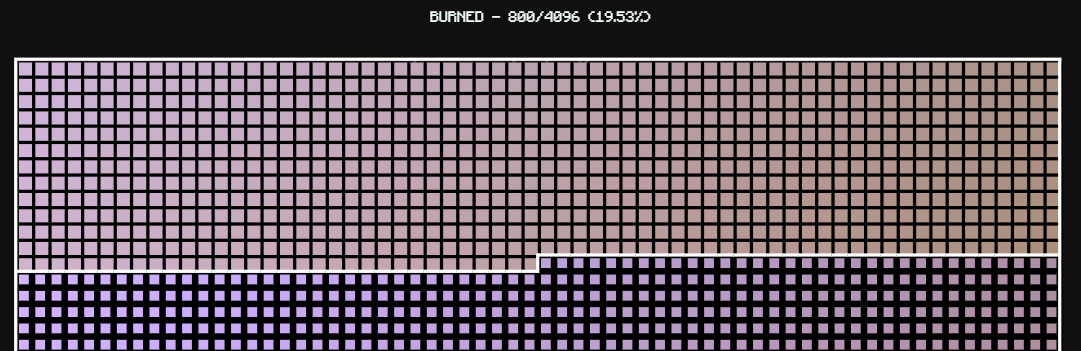 800 #ERC4096 burned!🔥
Slowly but surely getting to that 1024, or 1/4 mark.

In addition to LP nukes, while the tokens amount in LP is between 256 and 512, every 16 sells there is 1 token taken as burn tax regardless of the amount sold.

Learn more at 4096.cash