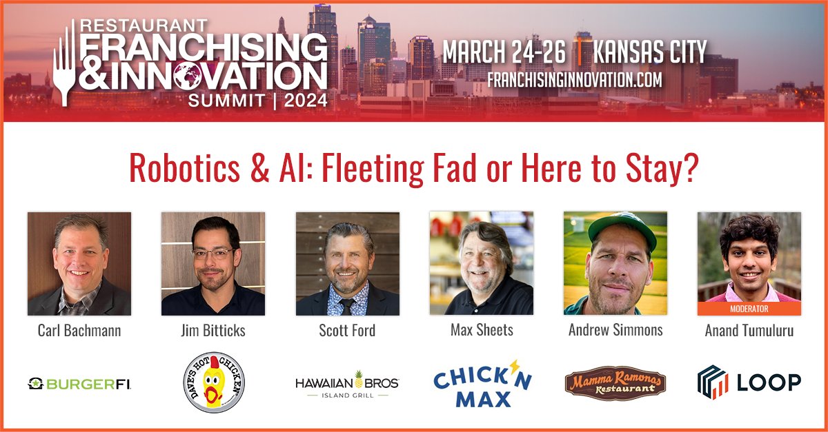 restaurantinnov's tweet photo. These brand executives will join us at Restaurant Franchising &amp; Innovation Summit 2024 to reveal how to accomplish long- and short-term goals by choosing the most appropriate robotics and AI applications. @BurgerFi @hotchickendaves @hawaiianbros @Chick_N_Max #RFISummit https://t.co/4mhxh5efNa