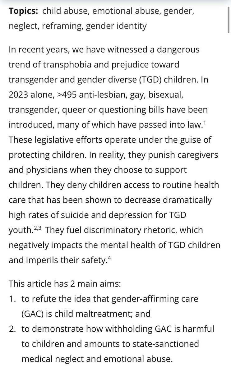 libsoftiktok's tweet photo. The American Academy of Pediatrics published an article explaining that not allowing your kid to undergo se*x change surgery and not chemically castrating your kid by giving them irreversible puberty blockers, is a form of child abuse.

These are the people in charge of the largest association for pediatricians across America.