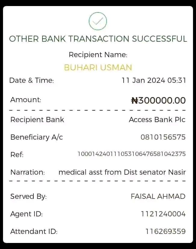 Naimyandoma's tweet photo. Senator Nasiru Sani Zangon Daura yabada gudummuwar Naira Dubu Dari Uku 300,000,00 domin yima wani bawan Allah mai suna Abubakar Usman aikin kashi a wuyan shi.
Muna rokon Allah ya sakama Senator da Alkhairi yakuma ba marar lafiyan ingantattar lafia. https://t.co/wojdt452xz