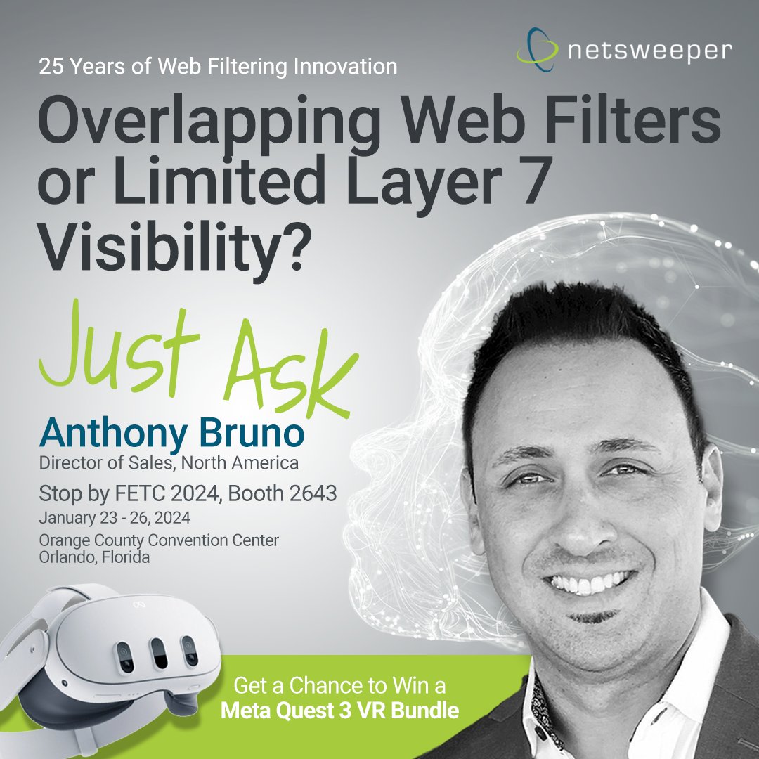 netsweeper's tweet photo. WIth over 25yrs of #WebFIltering innovation, we know how to address K12 digital learning challenges. Visit us at FETC at the end of the month and visit our booth to learn more, plus for a chance to win a Meta Quest 3 VR Bundle! Full details here: https://t.co/gBInORoEbk https://t.co/bqcIhjqDc0