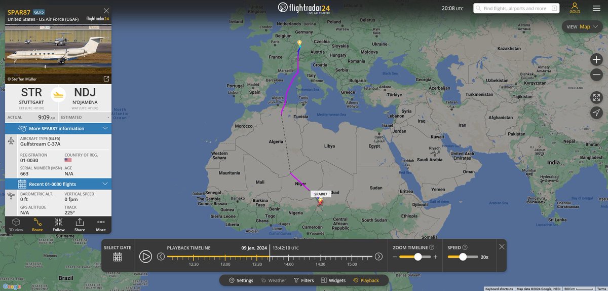 fabsenbln's tweet image. #Chad🇹🇩 @USAfricaCommand Commander Gen. Langley arrived Tuesday in N'Djamena from Stuttgart🇩🇪 onboard a Gulfstream C-37A (reg. 01-0030 |#AE115E) for talks. It is worth noting that the aircraft is flying without visible registration, which must have been removed last year. #SPAR87