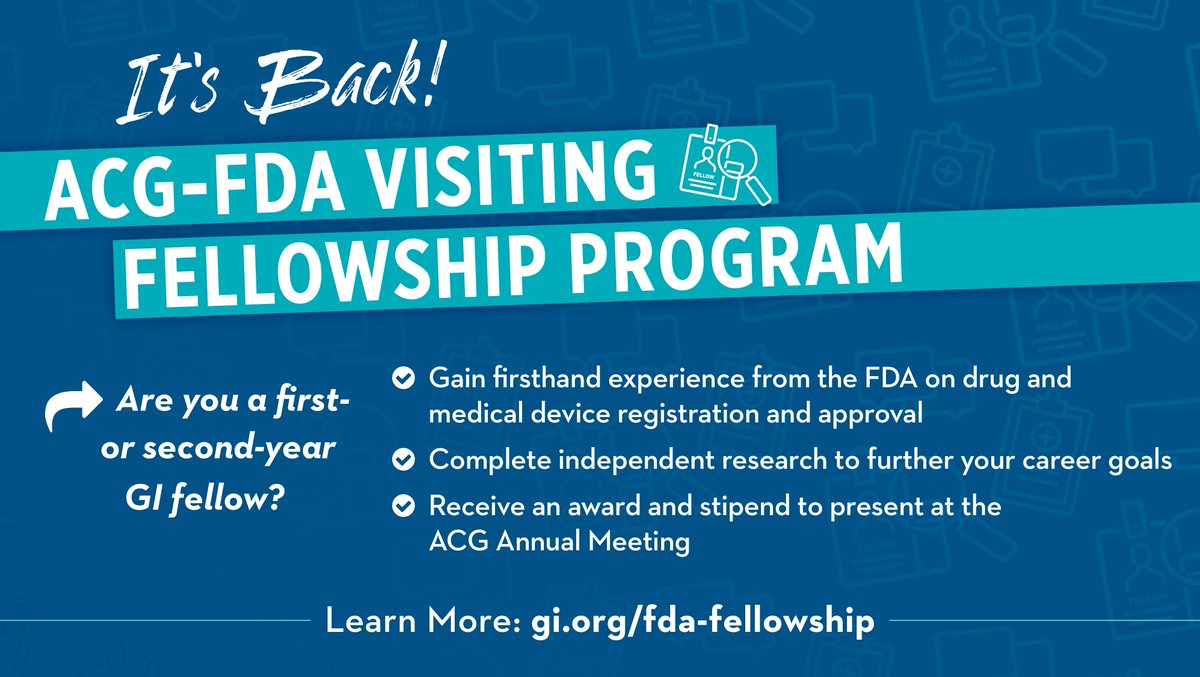Are you a first- or second-year GI fellow interested in new drug and medical device innovation?

Learn more about our FDA Visiting Fellowship program today and gain firsthand experience on the registration and approval process.

Apply now through Jan. 31 ➡️gi.org/trainees/acg-f…