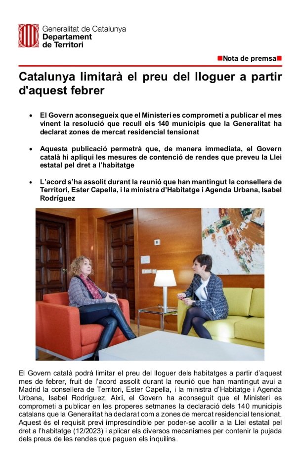 cpropietatsbd's tweet photo. La consellera de @territoricat, @estercapella ha anunciat avui que el @Govern català ha arribat a un acord amb la ministra d'Habitatge i Agenda Urbana, Isabel Rodriguez, perquè a partir del mes de febrer s'apliqui la limitació del preu en els nous contractes de lloguer futurs. https://t.co/HbTYqRwr8Y