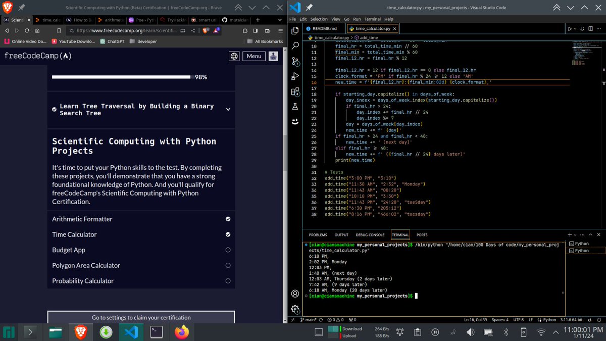mutaician's tweet photo. Just finished the Time Calculator project on #FreeCodeCamp! 🎉 Loved practicing Python and solving time-related challenges. ⏰💻.My code is not that efficient and pythonic but completes the objective. #Python #Coding #Programming #TimeCalculator
#100DaysOfCode #30NitesOfCode https://t.co/MrZ5LSKsD7