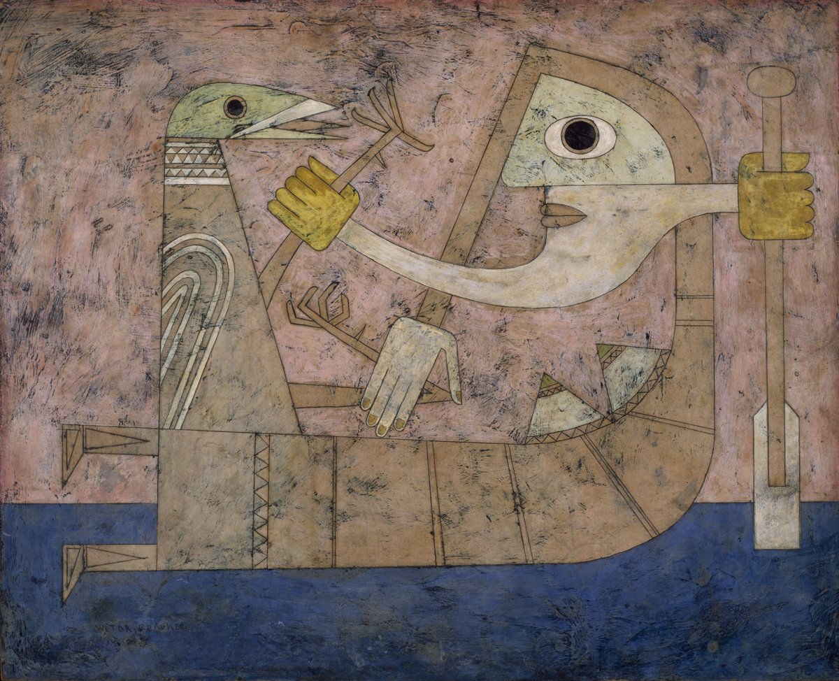 #VictorBrauner was a surrealist artist known for his unique style depicted by mythical creatures and symbolic motifs. Here, a hybrid form depicts a struggle between human and bird halves using an Egyptian hieroglyphic style. 🎨: Victor Brauner, 'Consciousness of Shock,' 1951