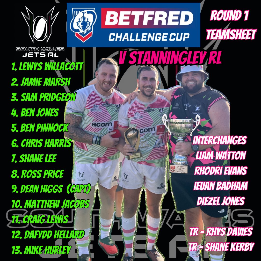South Wales Jets (@jetswales) on Twitter photo Our team for round 1 of <a href="/TheChallengeCup/">Betfred Challenge Cup</a>
1:30pm Kick off at <a href="/evrfc/">Ebbw Vale Rugby</a> more than welcome <a href="/JiffyRugby/">Jonathan Davies OBE</a> <a href="/andypowell8/">Andy Powell</a> <a href="/SteveSpeirs4/">Steve Speirs</a> <a href="/SignpostedC/">Signposted Cymru</a> <a href="/DafyddJames13/">Dafydd James</a> Our team for round 1 of <a href="/TheChallengeCup/">Betfred Challenge Cup</a>
1:30pm Kick off at <a href="/evrfc/">Ebbw Vale Rugby</a> more than welcome <a href="/JiffyRugby/">Jonathan Davies OBE</a> <a href="/andypowell8/">Andy Powell</a> <a href="/SteveSpeirs4/">Steve Speirs</a> <a href="/SignpostedC/">Signposted Cymru</a> <a href="/DafyddJames13/">Dafydd James</a>
