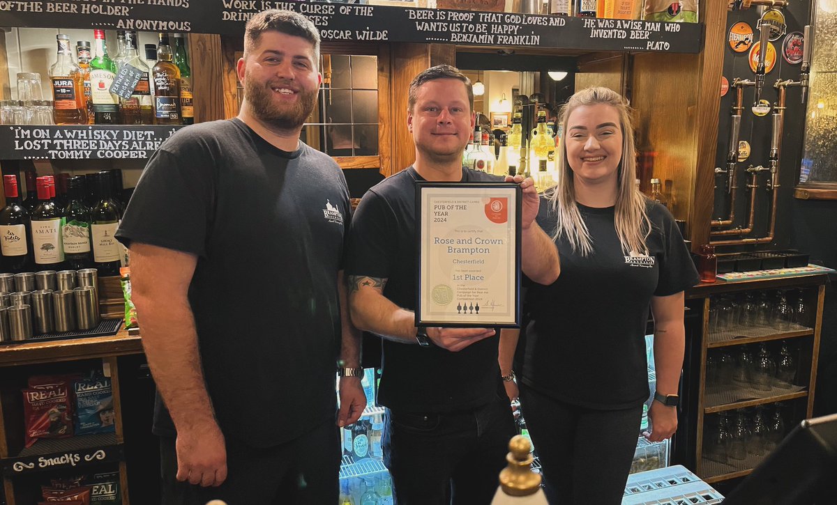 Massive congratulations to @TheRoseBrampton on winning Chesterfield CAMRA Pub Of The Year @madederbyshire @EastMidsCAMRA @DesChes @SFourtyLocal @chesterfielduk