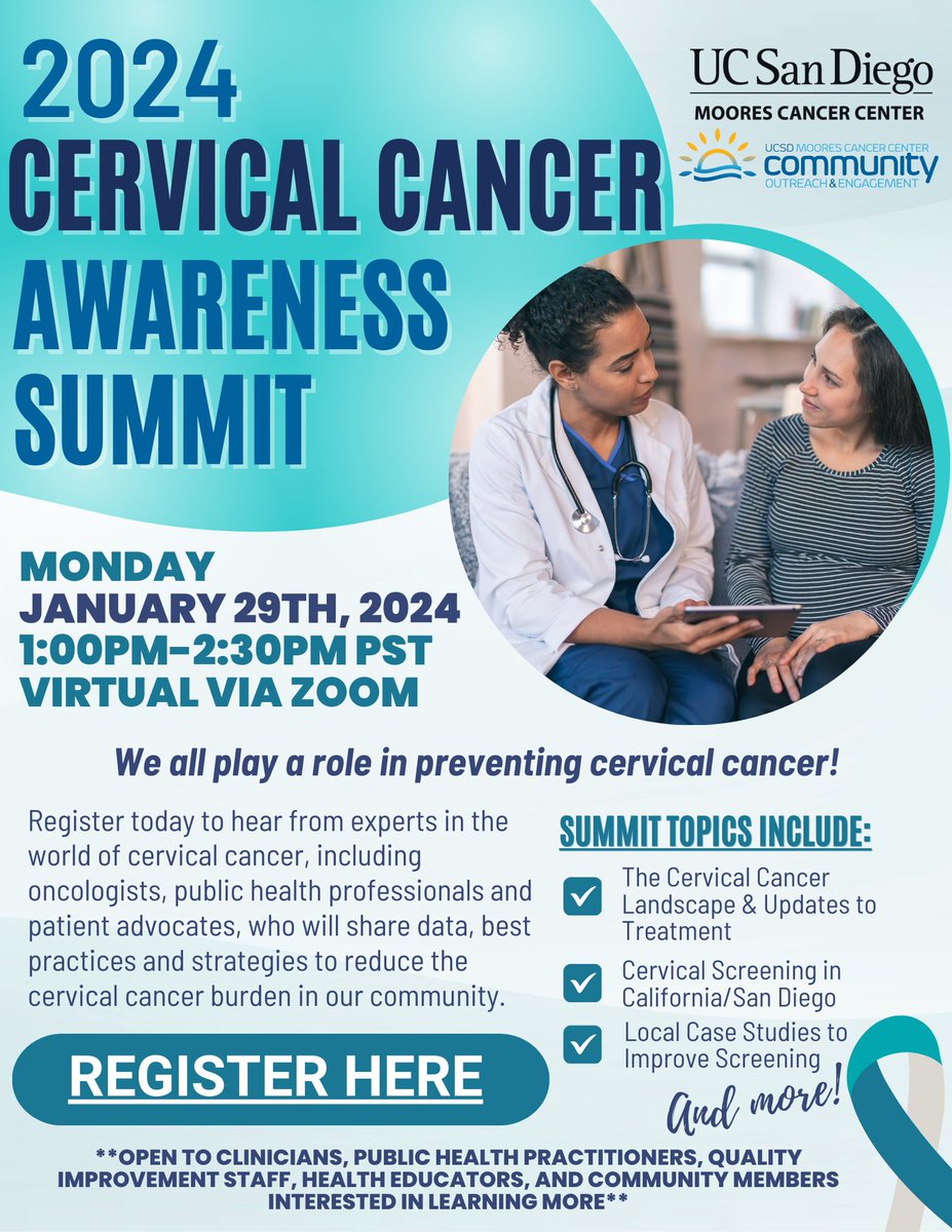 UCSDCancer_COE's tweet photo. 📢Register today! Join us on 1/29 for our 2nd #CervicalCancerAwareness Summit for the latest updates on #CervicalCancer screening, treatment, and advocacy, and the role you can play in preventing cervical cancer in our community: https://t.co/6PEDh3BrZK #HealthEquityNow #CCAM2024 https://t.co/yDsGRV4qnp