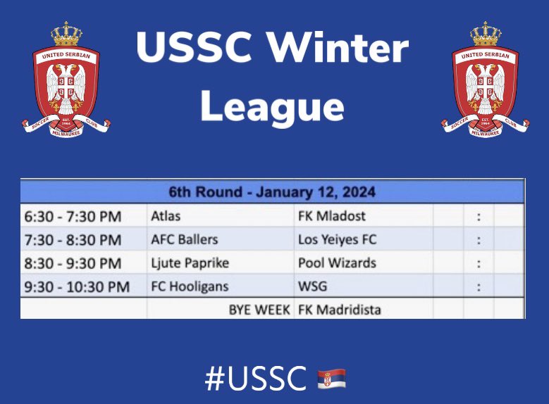 USSCMKE's tweet photo. Povratak zimske lige je sutra! // The return of the Winter League is tomorrow! #USSCMKE 🇷🇸⚽️ https://t.co/LynDwxeqZh