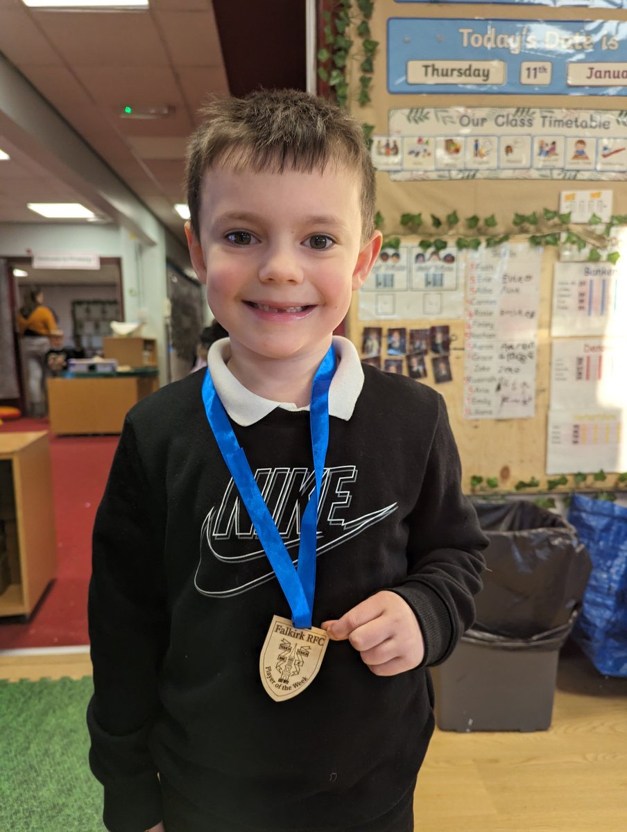 MrsGuidori's tweet photo. This boy was delighted to show everyone that he got the player of the week medal at his rugby training. Well done, amazing achievement! #DunipaceAchieve #DunipaceHome https://t.co/zwxSy8cpW2