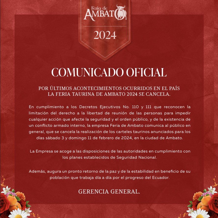 ℹ️ #ATENCIÓN | Se suspende la feria taurina que estaba programada para los días 3 y 11 de febrero de 2024 en Ambato.

#LaRadioDeTodaLaVida