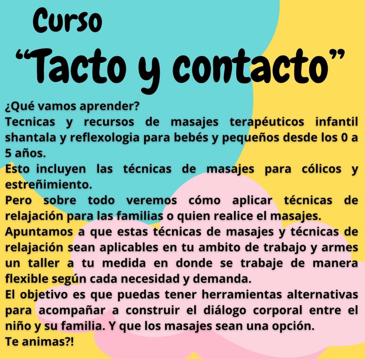 MaleMSanchezG's tweet photo. 1er Curso grupal presencial “Tacto y contacto” 🌈🧸
Técnicas de Masajes relajantes terapéutico infantiles que incluye a las familias dentro de esta es decir el registro del cuerpo del que brinda el masaje, del que comienza el contacto con el más peque. https://t.co/EI4PcddrMS