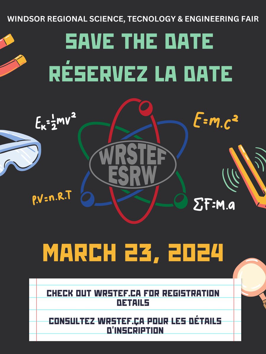 WRSTEF1's tweet photo. Save The Date!!! Windsor Regional Science, Engineering and Technology Fair Mach 23, 2024🧬🔭🥼🧪🧫
#Science #WRSTEF https://t.co/HHaVrNhpNx