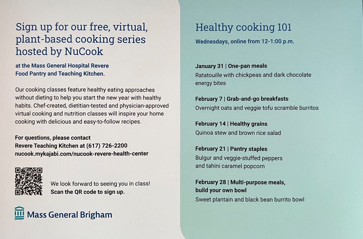 VERY EXCITED to share that the #MGHRevereFoodPantry is going to be launching a collaboration with #NuCook later this month in our #TeachingKitchen: * 5-part series * FREE * Virtual culinary medicine * Plant-based eating Spread the word & register here: nucook.mykajabi.com/offers/kLn9ZJz…