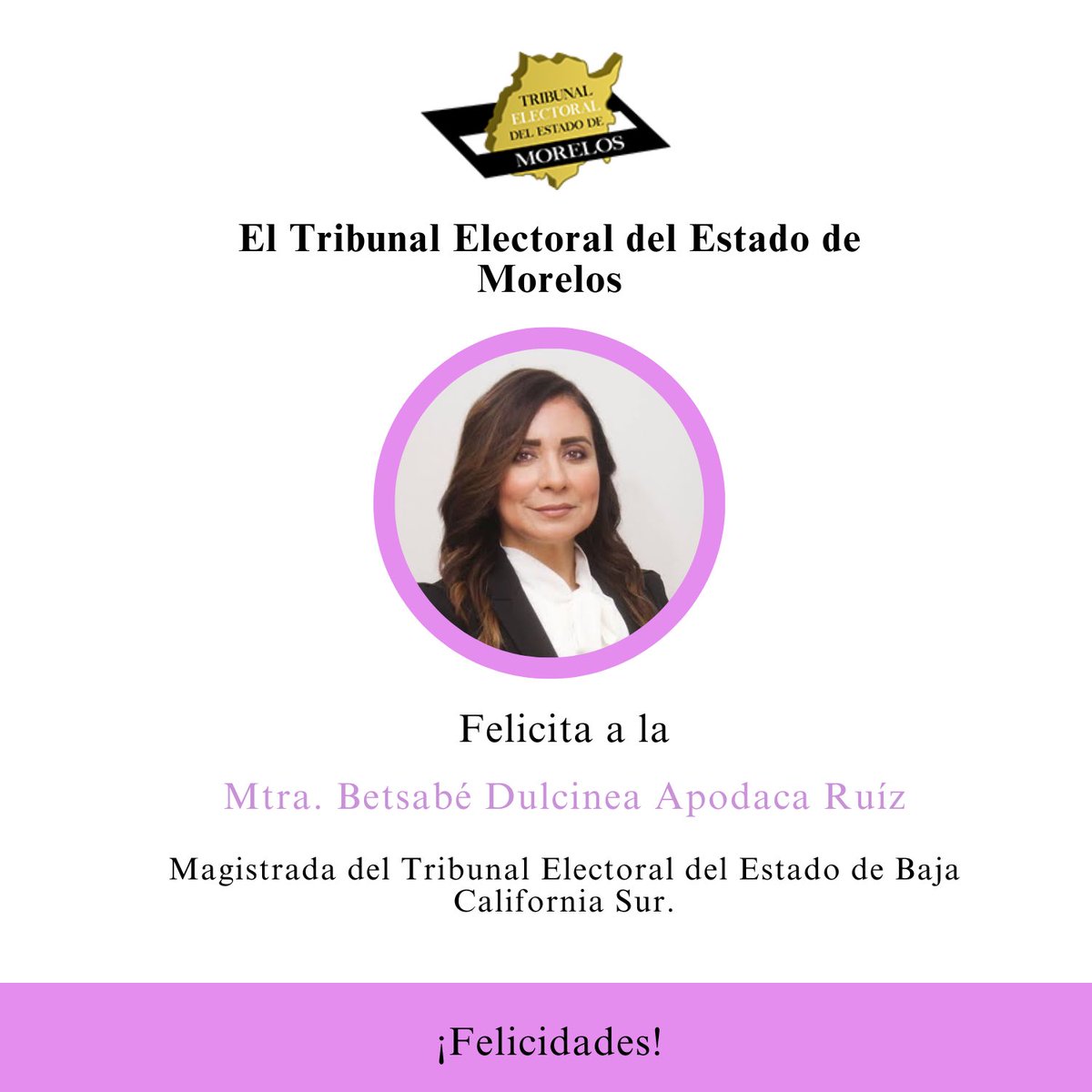El <a href="/TEEMorelos/">TEEMorelos</a>, felicita a la Mtra. Betsabé Dulcinea Apodaca Ruíz, Magistrada del Tribunal Electoral del Estado de Baja California Sur, por motivo de su cumpleaños.
<a href="/ApodacaDulcinea/">Betsabé Dulcinea Apodaca Ruiz</a>