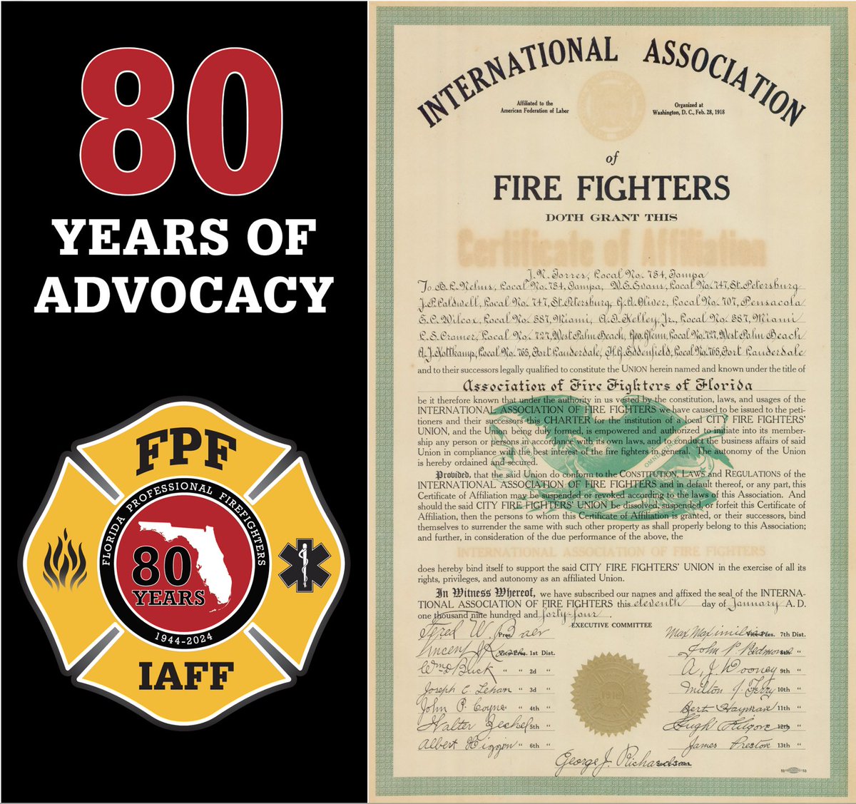 Today, in 1944, the IAFF issued the organization that would become the Florida Professional Firefighters our charter. 🚒🚑#80yearsofadvocacy Charter Locals: Miami Local 587, Pensacola Local 707, W. Palm Beach Local 727, St Pete Local 747, Tampa Local 754, Ft Lauderdale Local 765