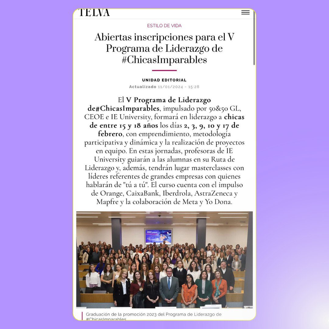 5050GL's tweet photo. 👀ESTAMOS EN PRENSA‼️

Gracias @unidadeditorial @elmundoes @yo_dona @expansioncom @telva por animar al #liderazgo de nuevas #ChicasImparables🤩

INSCRIPCIONES ABIERTAS👉🏼https://t.co/eH4FkIeymE

Junto a @CEOE_ES
@IEUniversity
@orange_es
@caixabank
@iberdrola
@AstraZenecaES
@MAPFRE https://t.co/PLElkFkCkJ