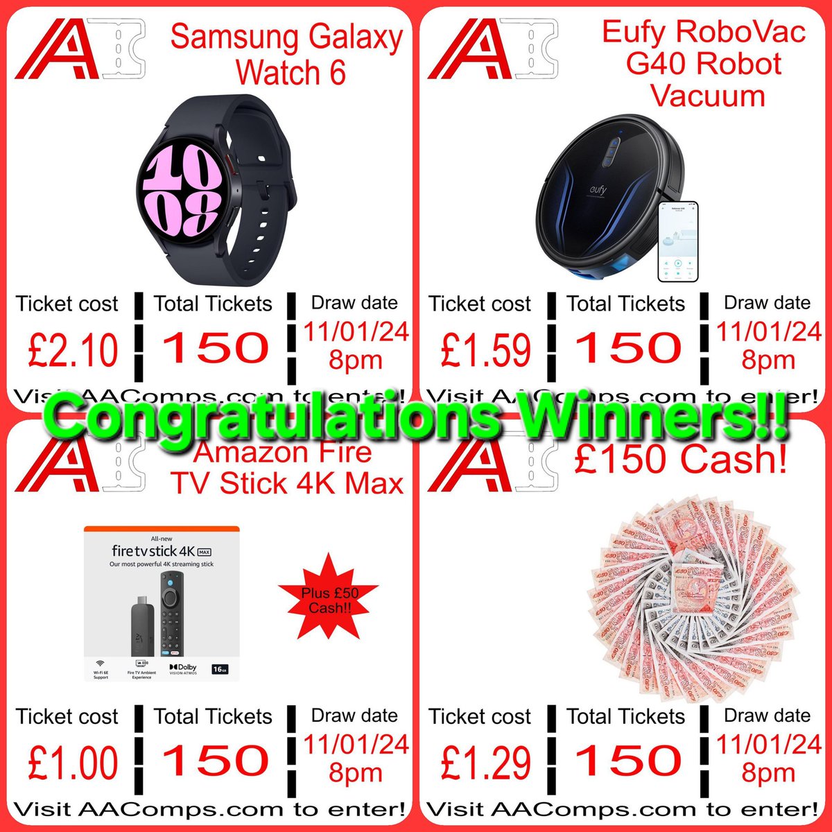 AA_Comps's tweet photo. 🎉 Congratulations to tonights Winners! 🎉

Amazon Fire Stick + £50 Cash!: Andy Chambers - From Wakefield 

Eufy RoboVac: Charlie Stone - From Milton Keynes 

Samsung Galaxy Watch 6: Sarah Foster - From Chester 

£150 Cash: Colin Green - From Rochester 

Well Done Everyone! 🙌🎉 https://t.co/7QIbhYdJdT