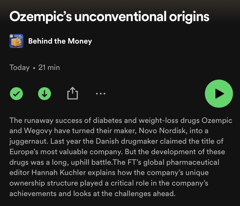 “The company knew that these drugs were important. They worked on them for 30 years. But they did not know how big they were going to be,” says the @FT’s @hannahkuchler on this week’s Behind the Money, about megablockbusters #Wegovy and #Ozempic 🎧: link.chtbl.com/ftbehind-the-m…