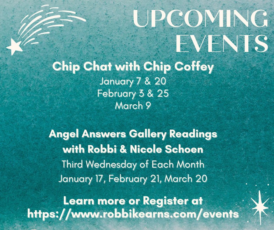GuidanceFrom's tweet photo. There are a few spots available for our January events:
Jan 17: Angel Answers with Robbi &amp; Nicole Schoen
Jan 20: Chip Chat with @ChipCoffey
Tickets available at https://t.co/AbeGqE2amq https://t.co/O1povdvqoZ