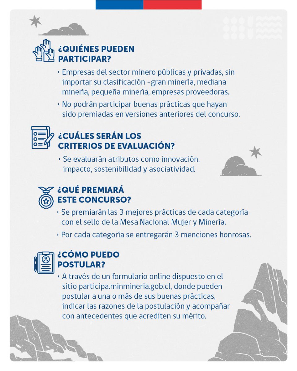 ¡Atención! Mañana es el último día para inscribir a tu organización en el concurso Buenas Prácticas de Inclusión en la Industria Minera, iniciativa que buscar destacar las mejores acciones en materia de género, diversidad e inclusión.

Postula en 📲 participa.minmineria.gob.cl/es-CL/projects…