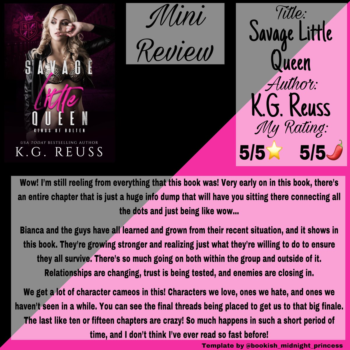 missbrandibea's tweet photo. ๐ARC Review๐
My Rating: 5/5โญ๏ธ 5/5๐ถ๏ธ
Available on January 13th!
#savagelittlequeen #kingsofbolten #kgreuss #darkromance #mafiaromance #bullyromance #darkreverseharem #reverseharem #whychoose #arcreview #bookreview #comingsoon #preorder #kindle #kindleunlimited #books https://t.co/4FBqYPIswi