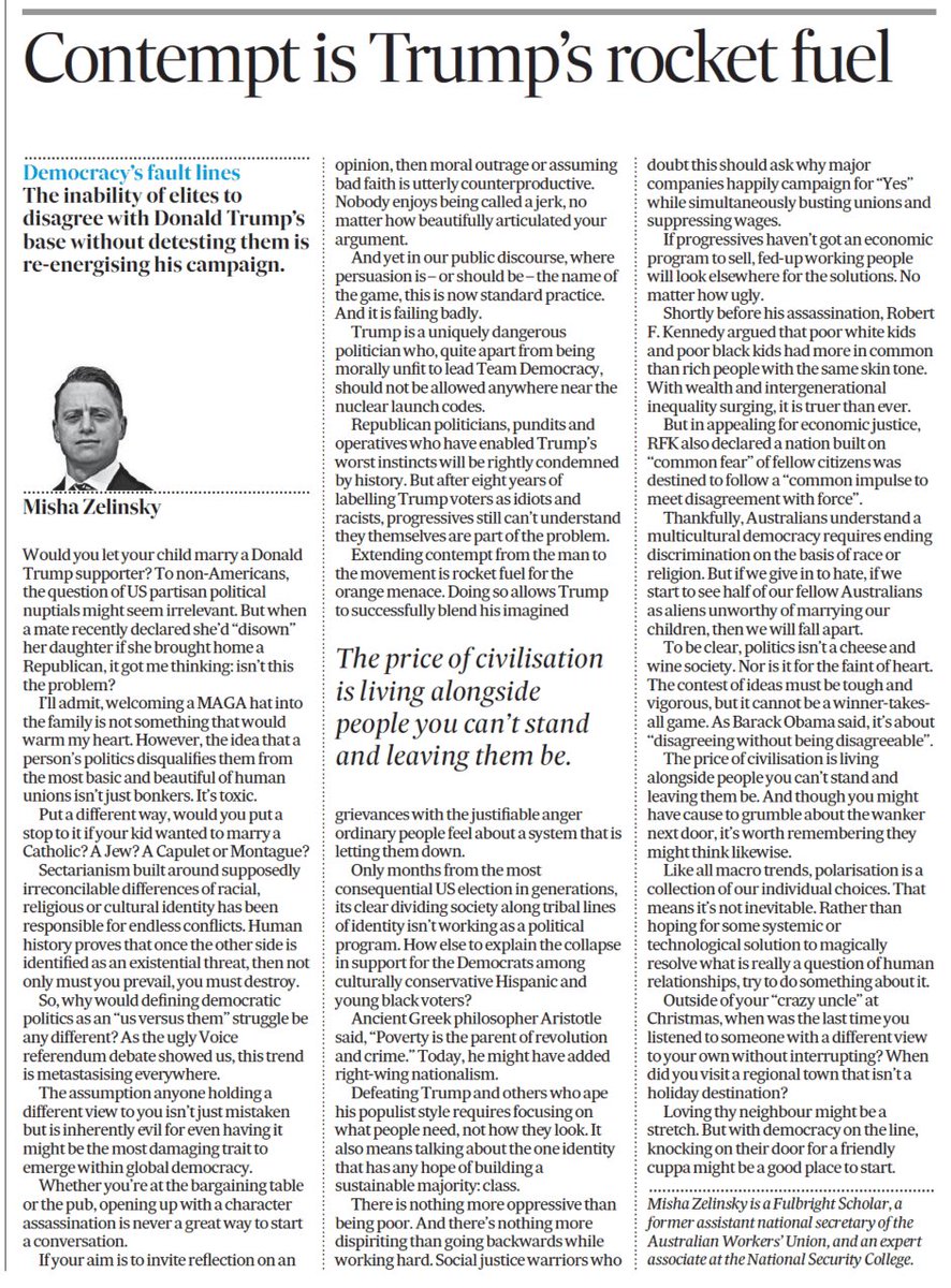 mishazelinsky's tweet photo. Would you let your child marry a Donald Trump supporter?

If not, maybe you’re part of the problem.

My latest @FinancialReview piece on how to save democracy from our worst instincts before it’s too late.

https://t.co/fgUXXegG2I

And buy my book! https://t.co/cBuQ42YTJ7