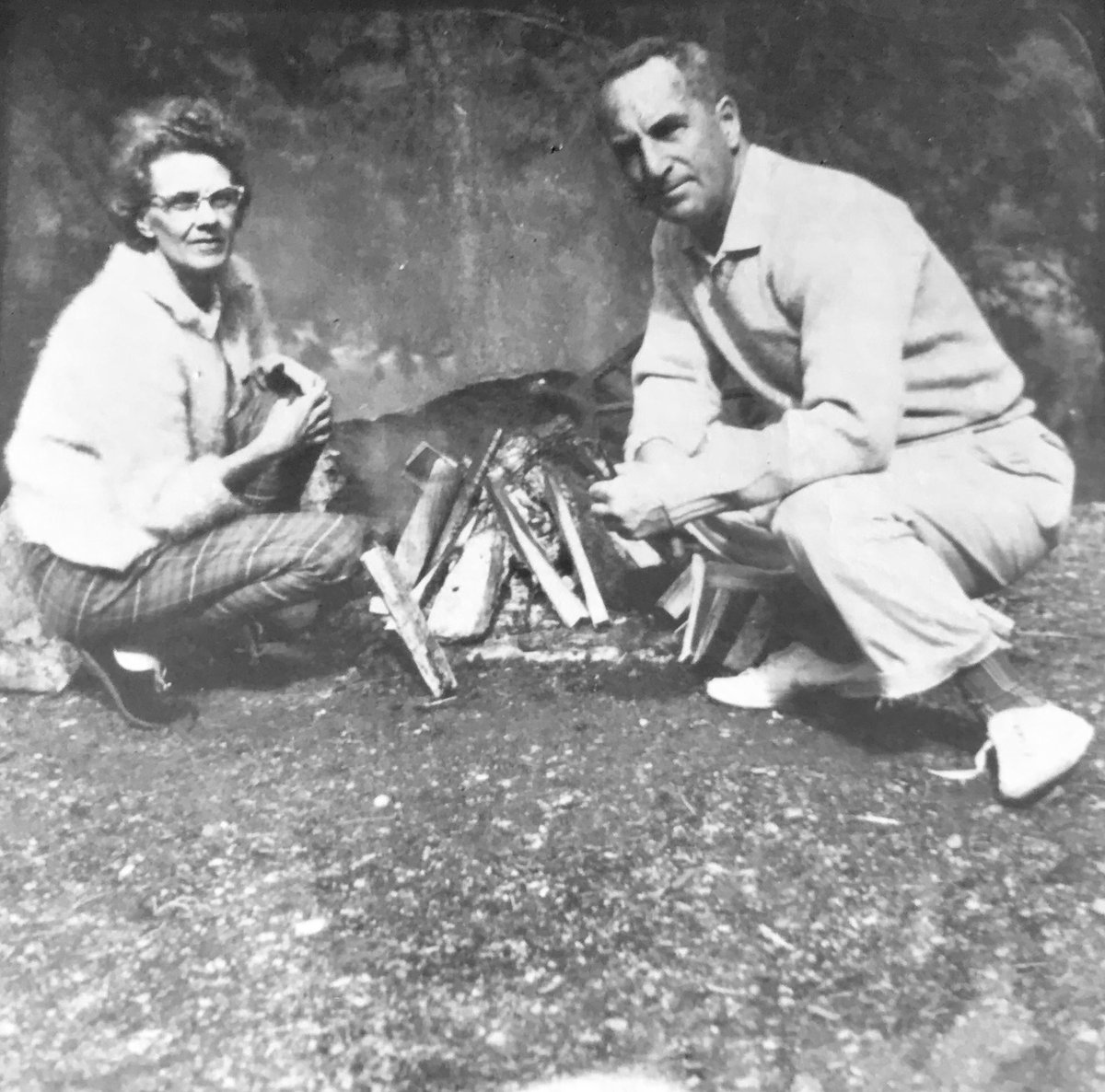 JudithRenaud's tweet photo. 'Mom&amp;Dad and Bonfire' circa 1955. Newbergher photo archive. Dad/Mom 44 years old, Dad would set up his tripod and #camera anywhere! This is one of the first #photos upon arriving from #Montreal #Quebec to #BC We #camped more than I remember in Montreal,  this was an adventure! https://t.co/71crr85mSa
