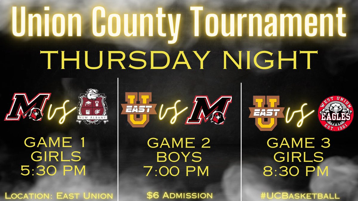 EastUnionAC's tweet photo. It’s tournament time! The Union County Tournament starts tonight at 5:30. East Union is pleased to play host to this year’s basketball competition. Admission is $6. Both front and rear gates will be open. #UCBasketball #CountyTournament ￼ https://t.co/tCjTLpHF2F