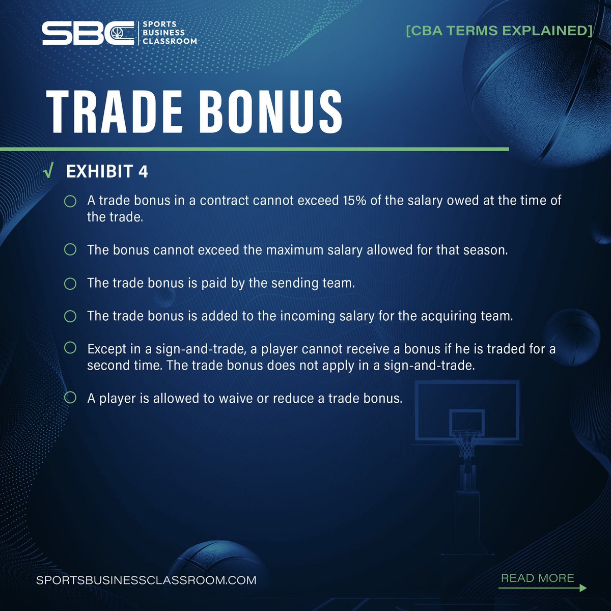 SportsBizClass's tweet photo. In this edition of [CBA Terms Explained] we go in-depth on Trade Bonuses.

Swipe to discover how these rules impact some of your favorite athlete’s careers. 🏀📊

#CBAExplained #BreakintoBasketball #HallPassStudios https://t.co/NzHZ75SvHY