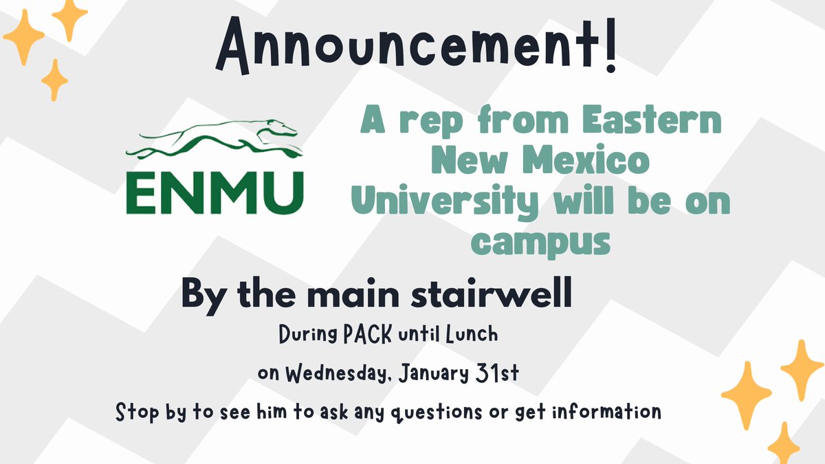 WPlainsCCMR's tweet photo. A rep from ENMU will be on campus Jan 31st!  See him for any questions or information regarding Eastern New Mexico State University! https://t.co/ieWDsLWokJ