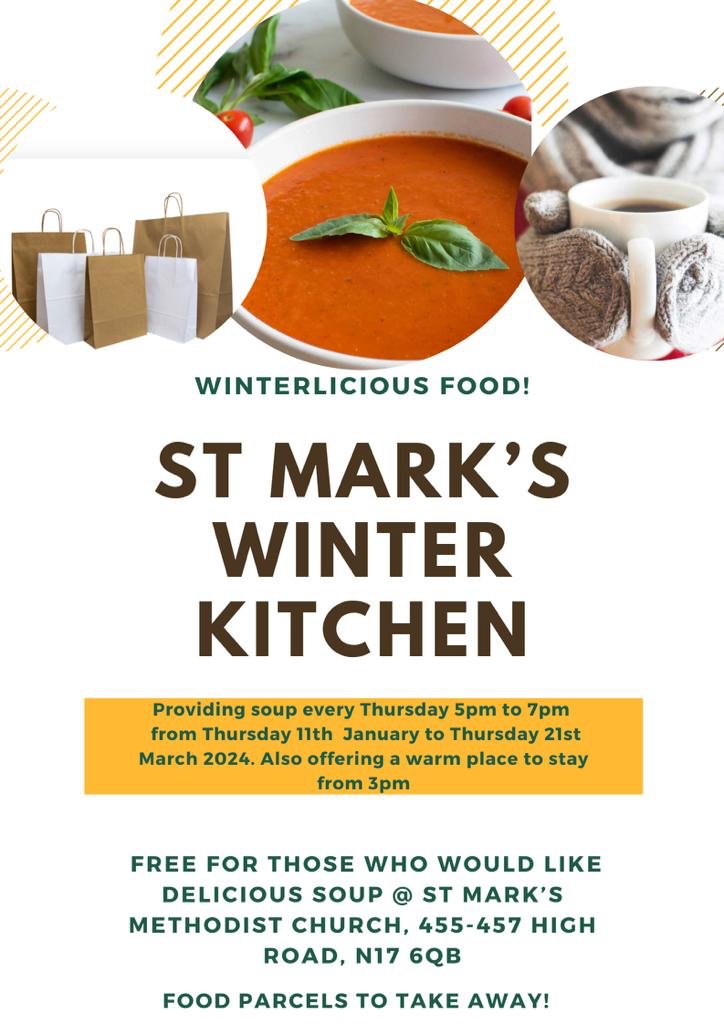 Winter Soup Kitchen at St Mark’s 455-457 High Road, Tottenham N17 6QB
Today & every Thursday until late March, where residents can access hot food, food parcels to take away and a warm place to stay from 3pm.
Please share!
#soup #soupkitchen #tottenham #n17 #staywarm