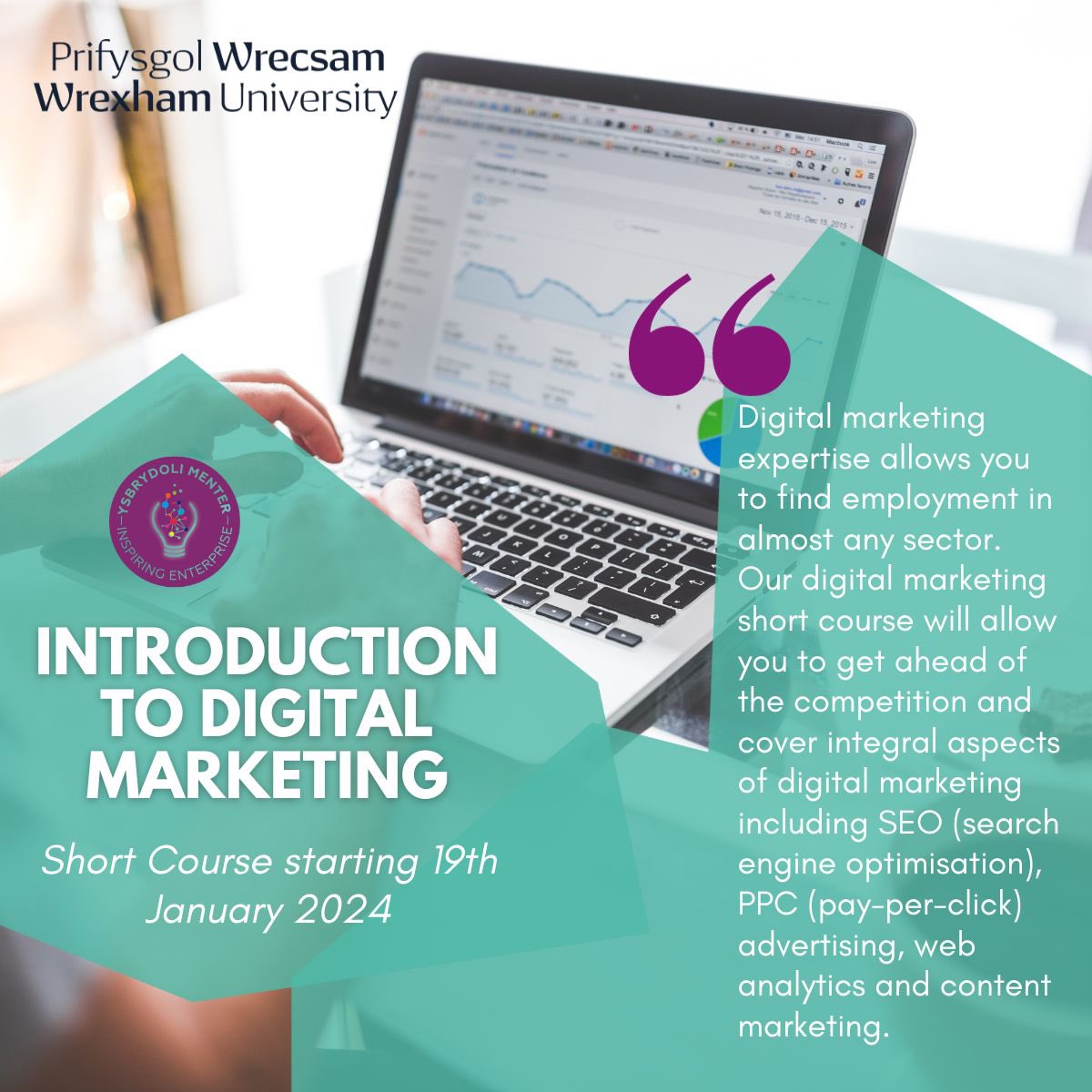 #NWalesHour #digitalmarketing Time is fast running out to secure your place on the @EnterpriseWU introduction to Digital Marketing skills 6-week online course. Book your place before it’s too late, contact Enterprise & Innovation at @WrexhamUni now; wrexham.ac.uk/courses/short-…