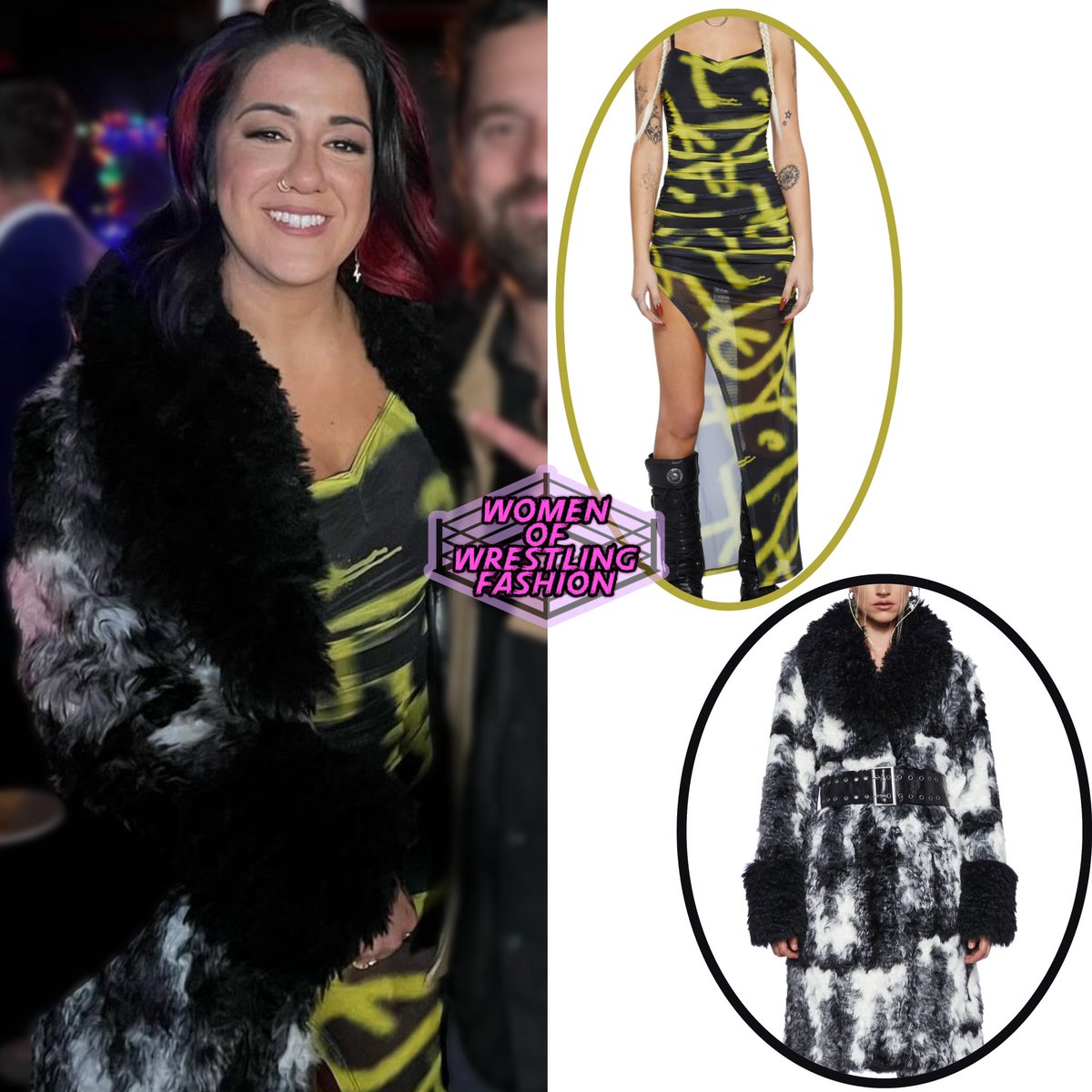 WmenWrstlinFash's tweet photo. .@itsBayleyWWE wears the Digital Mindset Mesh Dress from #ClubExx ($78) and Chic Chaos Faux Fur Coat from #CurrentMood (on sale: $111) https://t.co/2nFVrPpWZ5