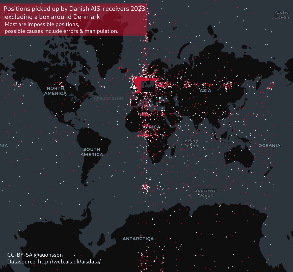auonsson's tweet photo. After some quite deep tries I have not managed to find any signs of systematic failures of GPS/GNSS on ships in Danish waters.

Thread.

Lets start with one for the conspiratards. 

A map of impossible positions during 2023, shape of a  cross(data), colored by the flag(me). https://t.co/WDMHPuJNcR